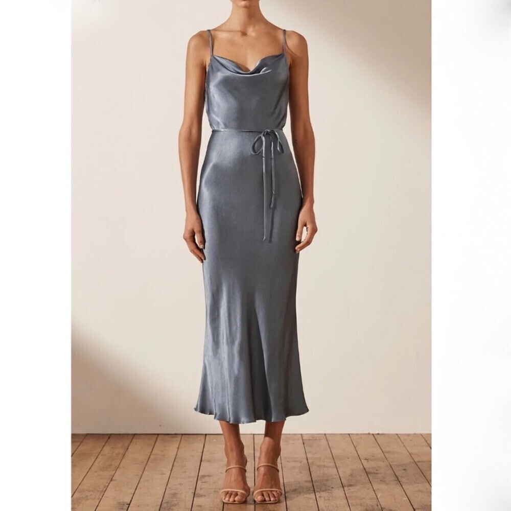 NWT Shona Joy La Lune Bias Cowl Midi Dress Bridesmaid Slip Blue Smoke 4 Formal